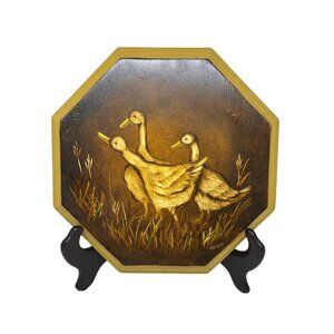 Vintage Rustic Farmhouse Duck Wall Hanging Octagon Wooden Art Panel 8.75 Country